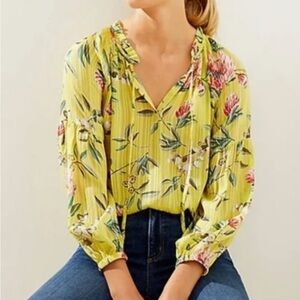 LOFT Top Yellow Floral Peasant Tie Neck Crinkle Silky Boho Flowy Blouse XXSP NEW